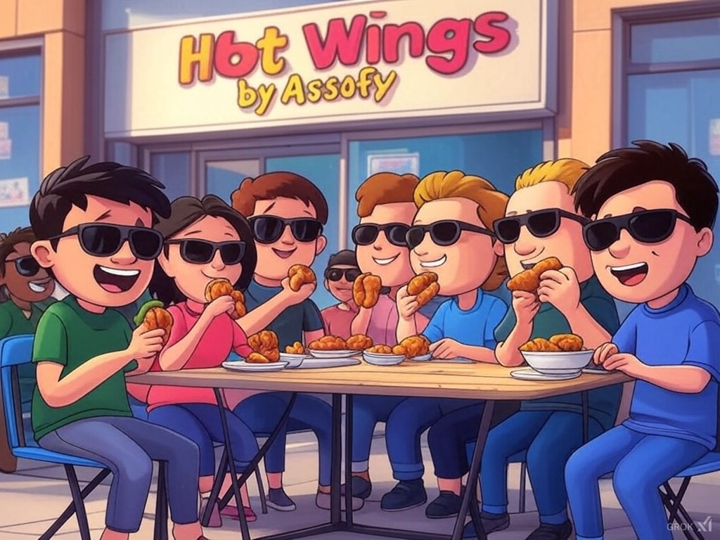 A bunch of guys eating Wings